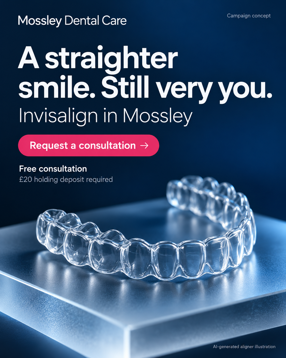 Mossley Dental Care Invisalign in Mossley. A straighter smile. Still very you. Request a consultation. Free consultation with £20 holding deposit required. AI-generated illustration.