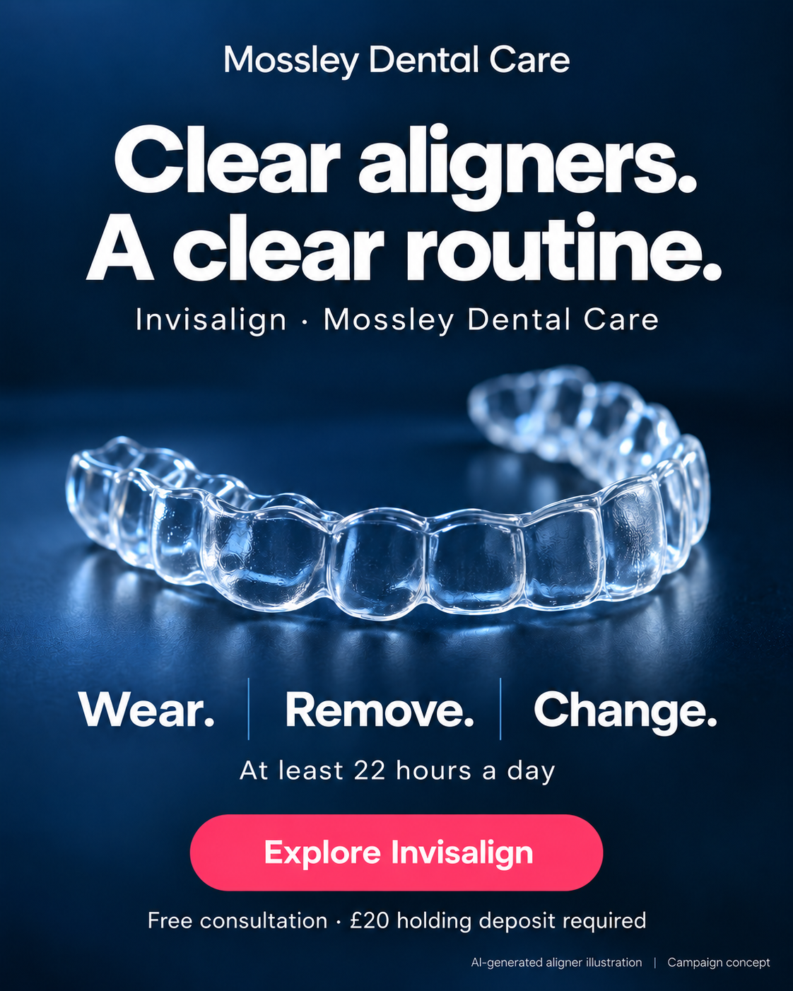 Clear aligners. A clear routine. Wear, remove, change. At least 22 hours a day. Invisalign at Mossley Dental Care. Free consultation with £20 holding deposit required. AI-generated illustration.