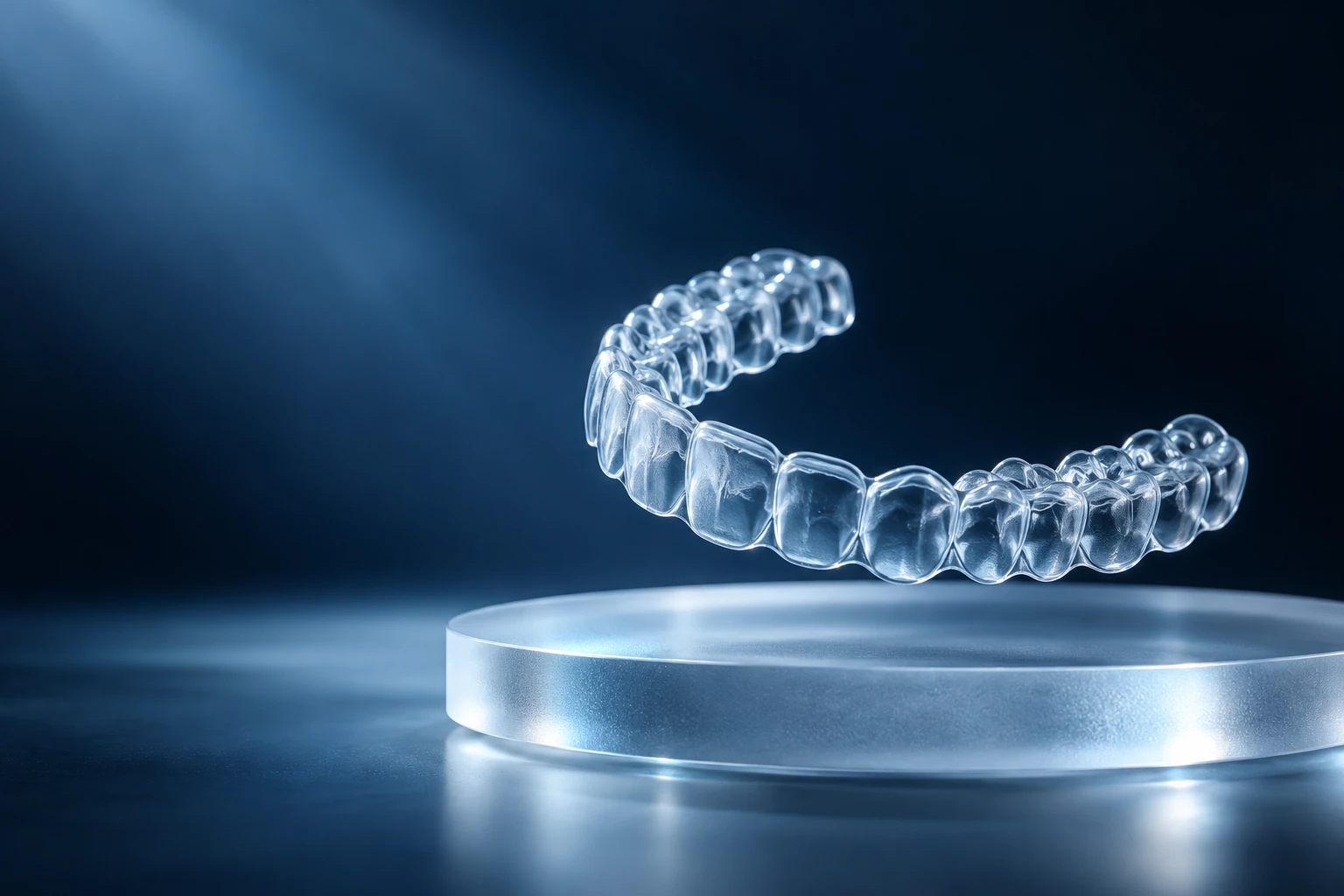 Illustration of a clear aligner floating above a frosted glass disc in cool blue light